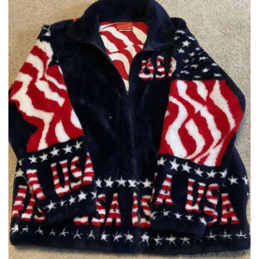 Vintage Unisex Black Mountain American Flag Fleece Jacket XL USA Patriotic Plush